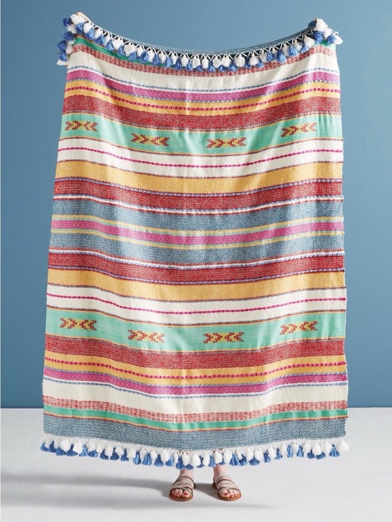 Anthropologie Other - Anthropologie White Woven Throw with Multicolor Stripes and Tassels